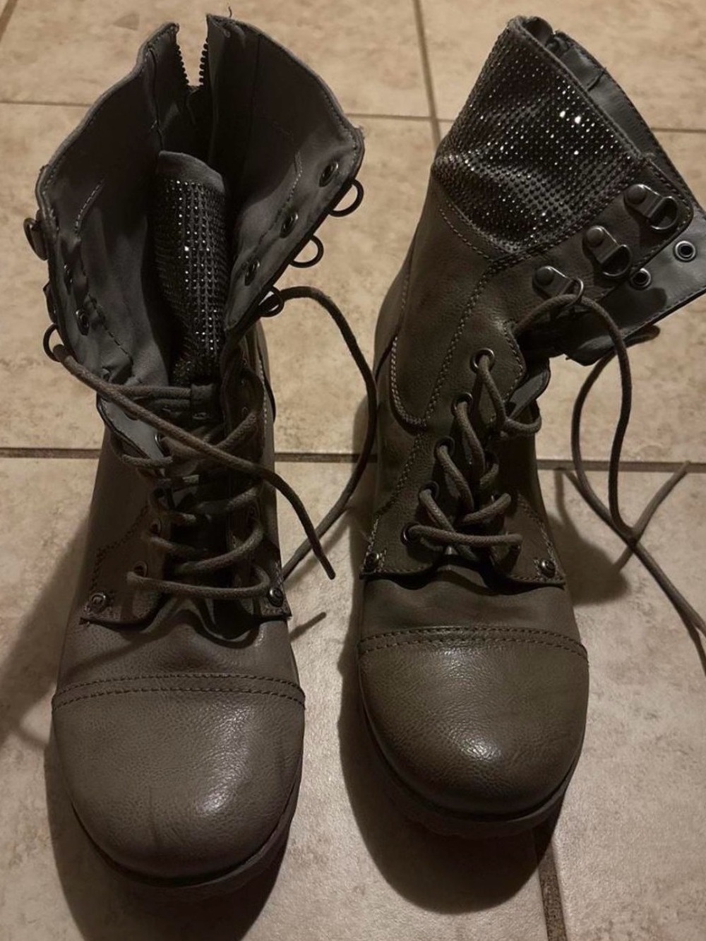 Guess Olive Green Lace-Up Combat Boots with Studded Cuff